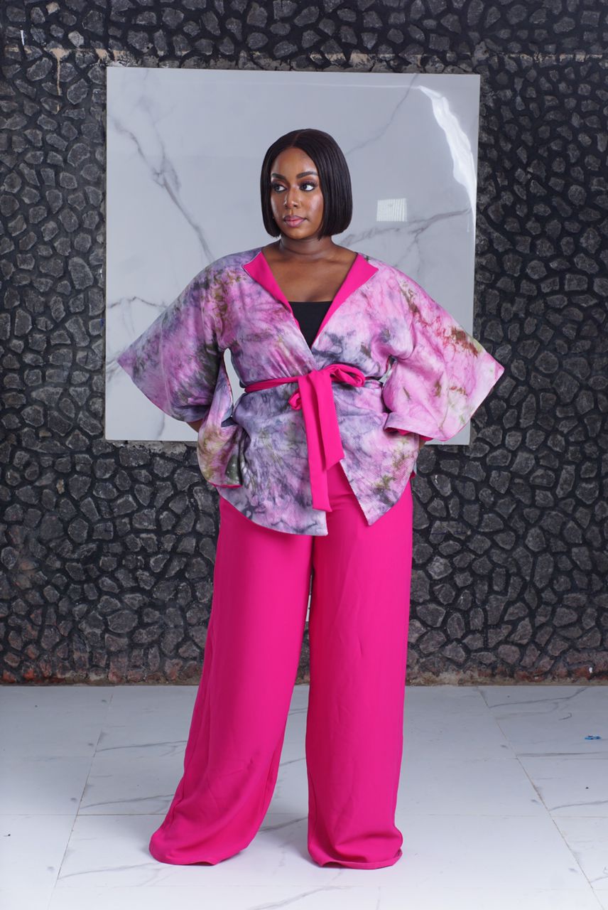 Printed Kimono-Style Wrap Top and Hot Pink Wide-Leg Trousers — Trendy Two Piece Outfits