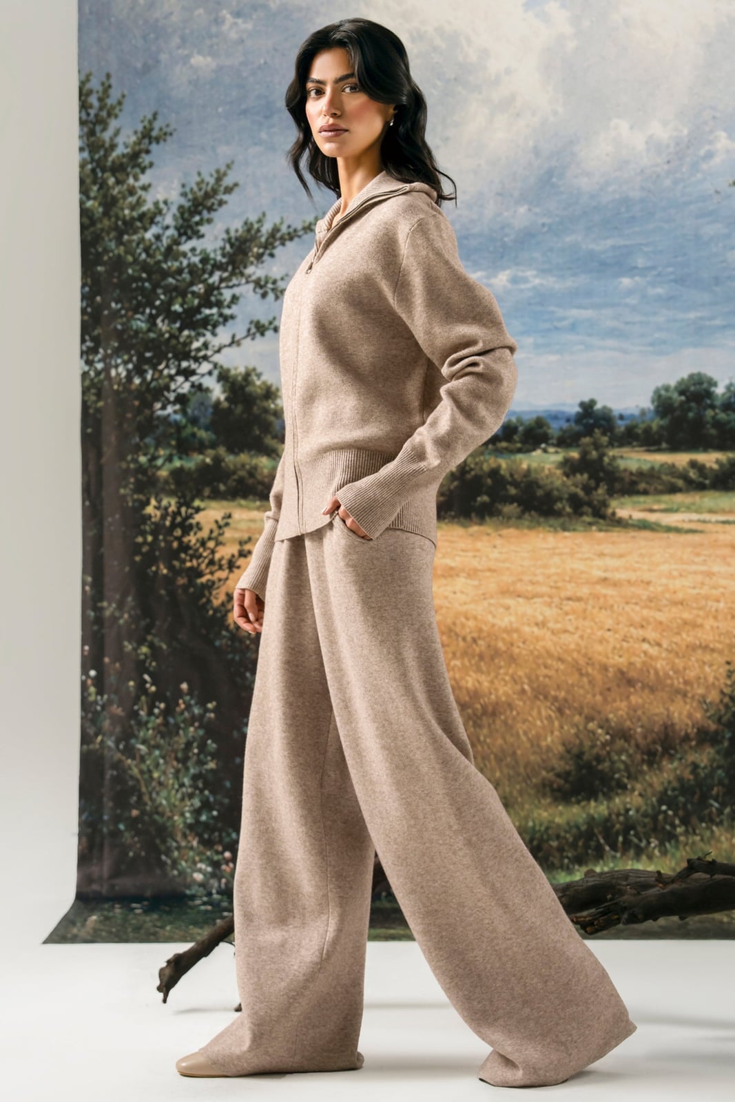 Light Beige Zip-Front Knit Hoodie and Wide-Leg Trousers — Trendy Two Piece Outfits
