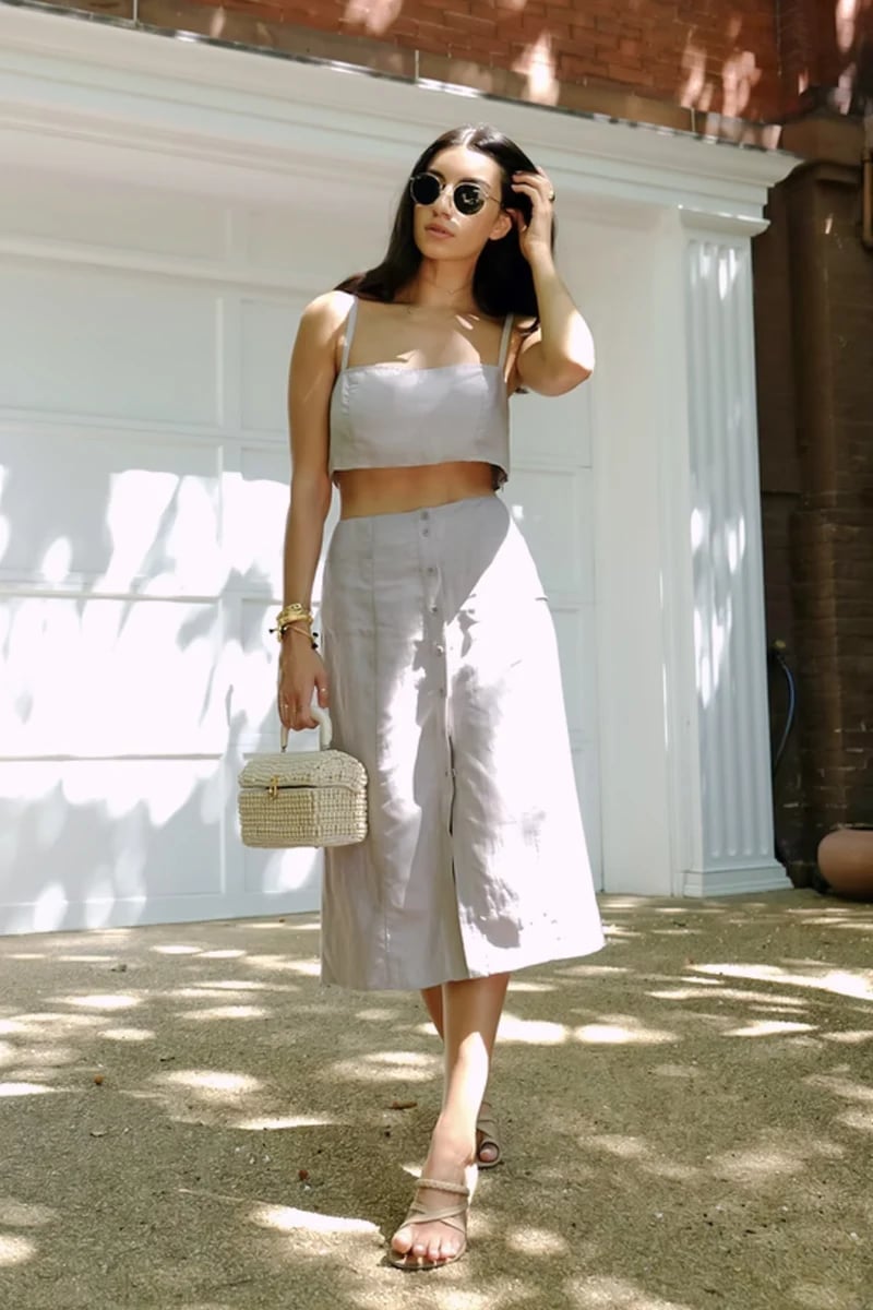 Light Grey Linen-Blend Camisole Top and Wide-Leg Culottes — Trendy Two Piece Outfits