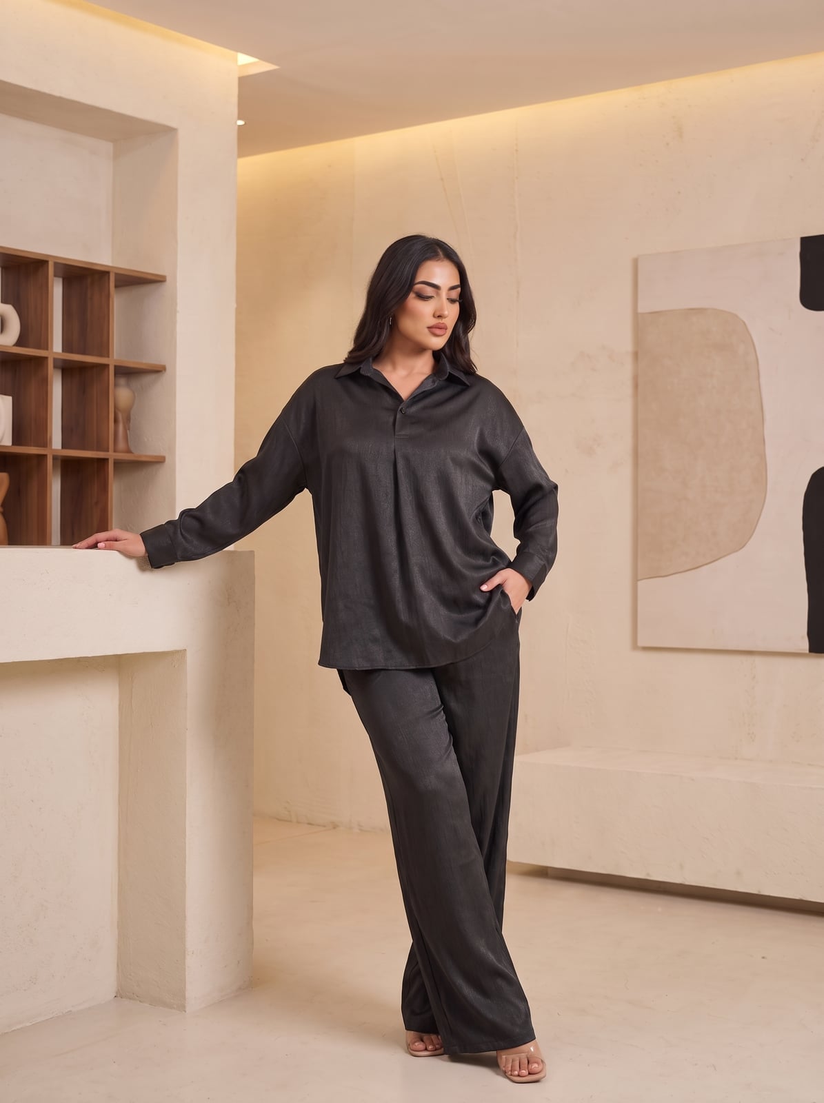 Dark Grey Oversized Collared Shirt and Wide-Leg Pants — Trendy Two Piece Outfits