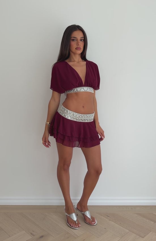 Burgundy V-neck Crop Top and Mini Skirt with Embellished Waistband — Trendy Two Piece Outfits
