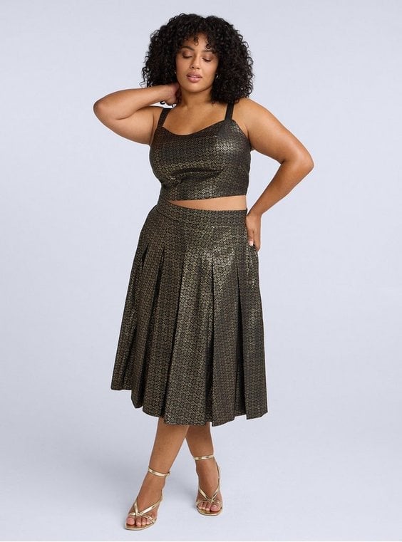 Gold and Black Metallic Cropped Top and Pleated Midi Skirt — Trendy Two Piece Outfits