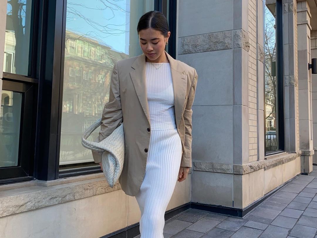 Beige Oversized Blazer Over White Knit Dress — Trendy Two Piece Outfits