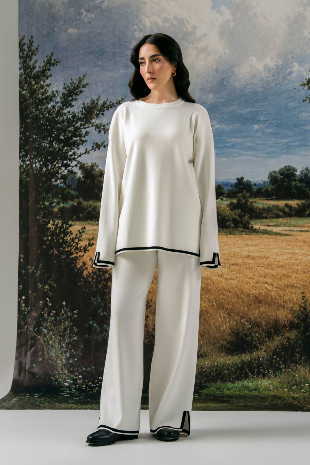 White Knit Two-Piece Set with Black Trim — Trendy Two Piece Outfits