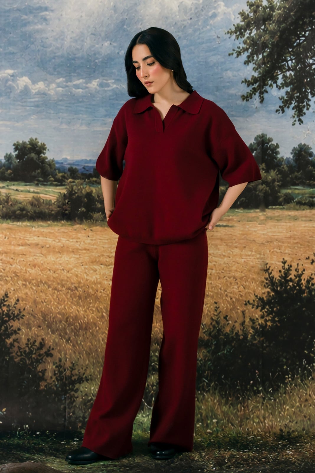 Deep Red Collared Short-Sleeve Knit Top and Wide-Leg Trousers — Trendy Two Piece Outfits