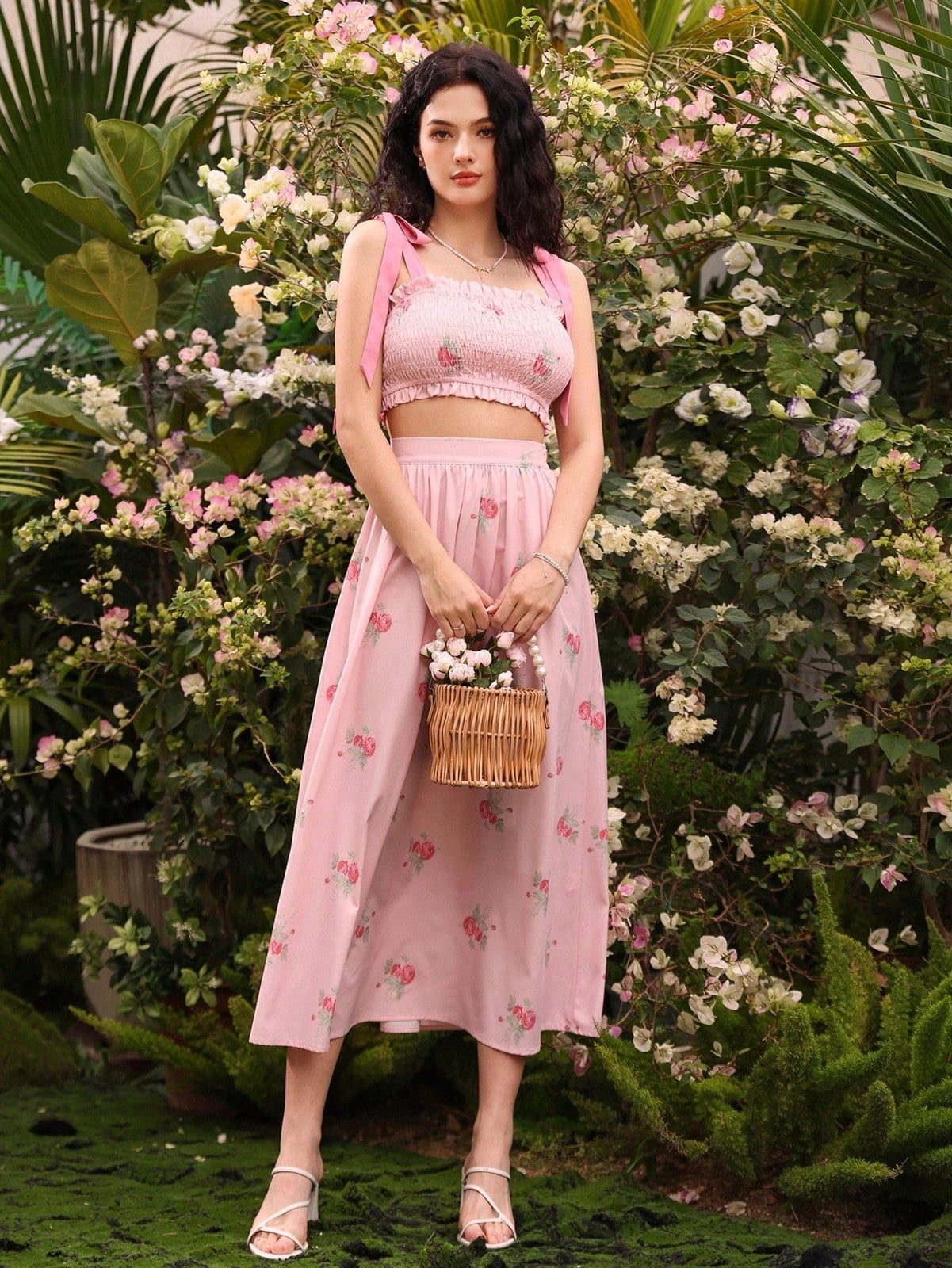 Pink Floral Print Smocked Crop Top and A-line Skirt — Trendy Two Piece Outfits