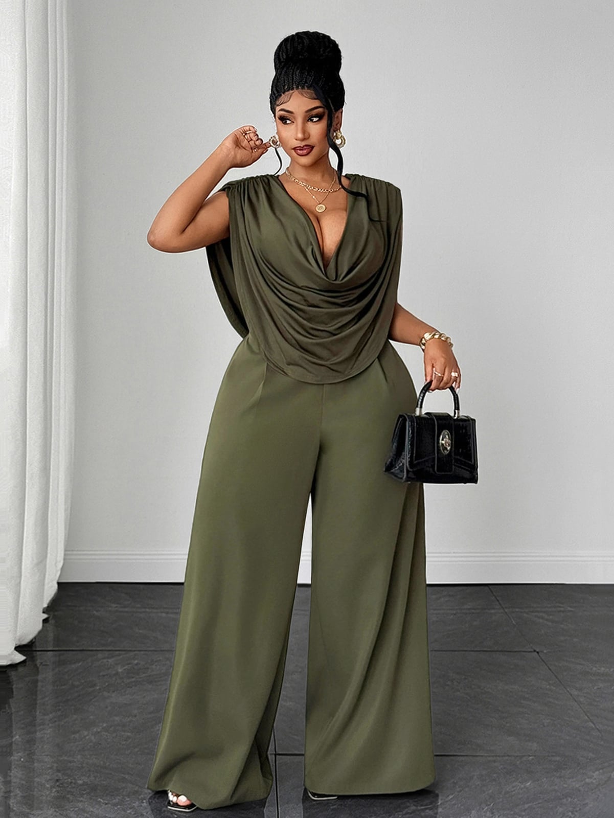 Olive Green Draped Cowl Neck Top and Extremely Wide-Leg Pants — Trendy Two Piece Outfits