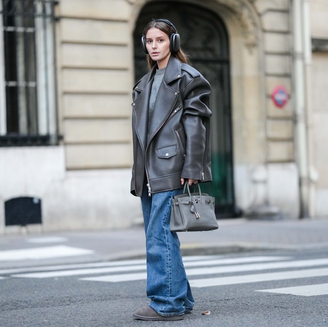 Leather Biker Jacket and Jeans with Grey Uggs, Close-Up Take — Trendy Uggs Outfits