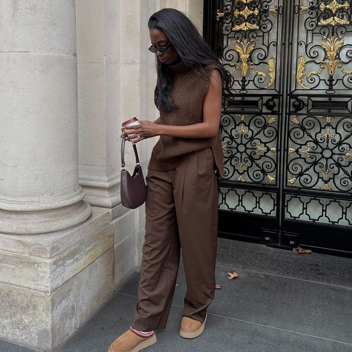Monochrome Brown Knit Set with Platform Uggs — Trendy Uggs Outfits