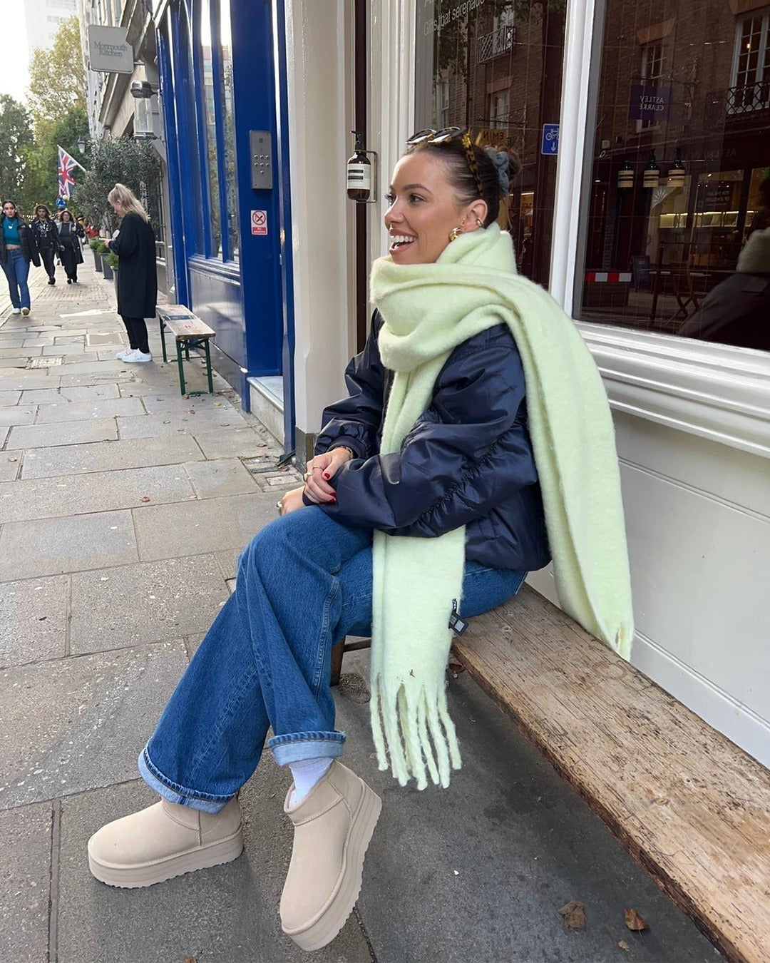 Puffer Jacket and Scarf with Beige Platform Uggs — Trendy Uggs Outfits