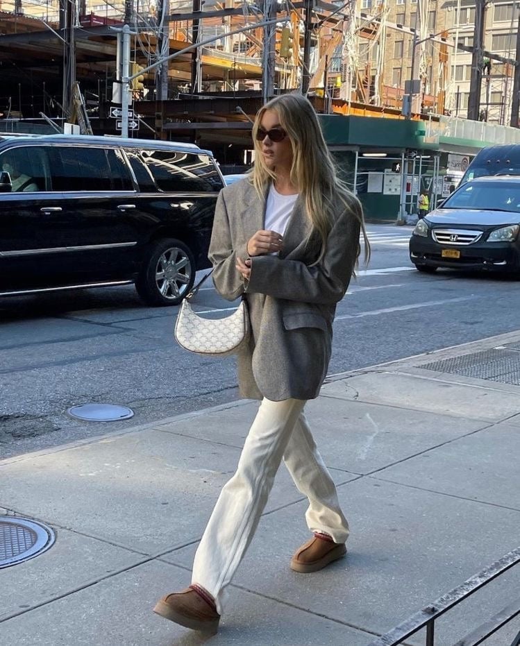 Oversized Blazer and Wide-Leg Trousers with Ugg Slippers — Trendy Uggs Outfits