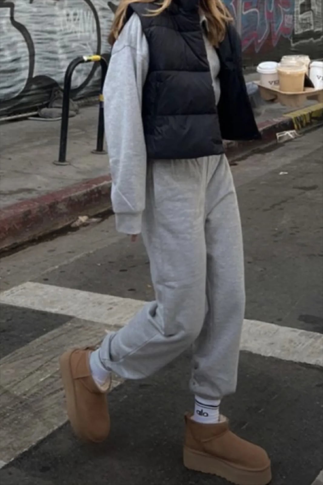 Puffer Vest and Sweatpants with Platform Uggs — Trendy Uggs Outfits