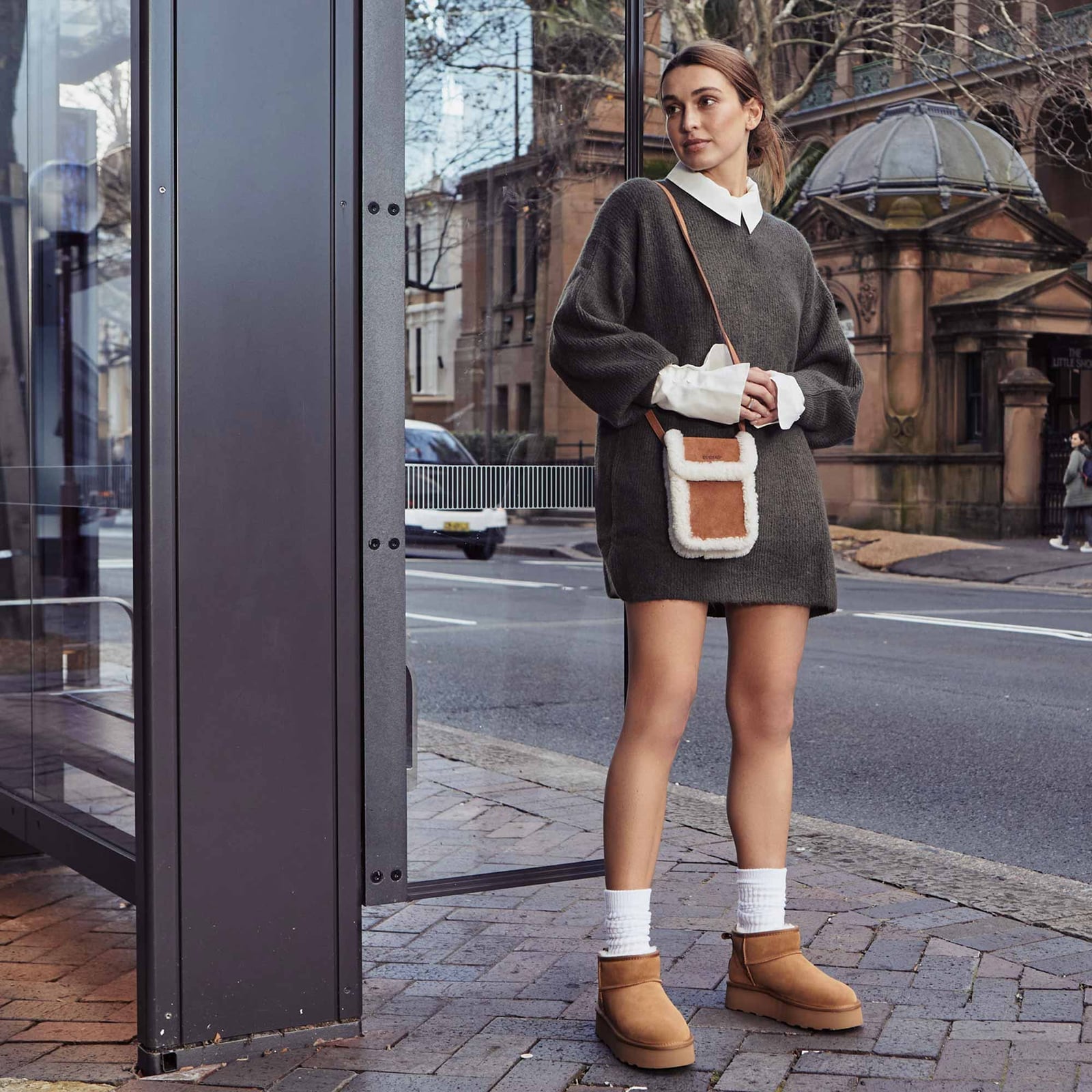 Sweater Dress and Collared Shirt with Tan Platform Uggs — Trendy Uggs Outfits
