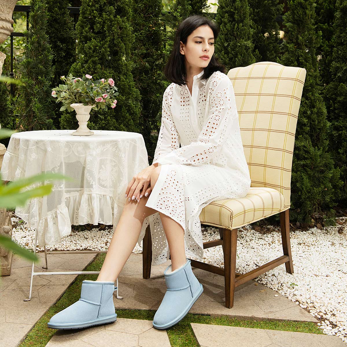 Eyelet Dress with Light Blue Mini Ugg Boots — Trendy Uggs Outfits