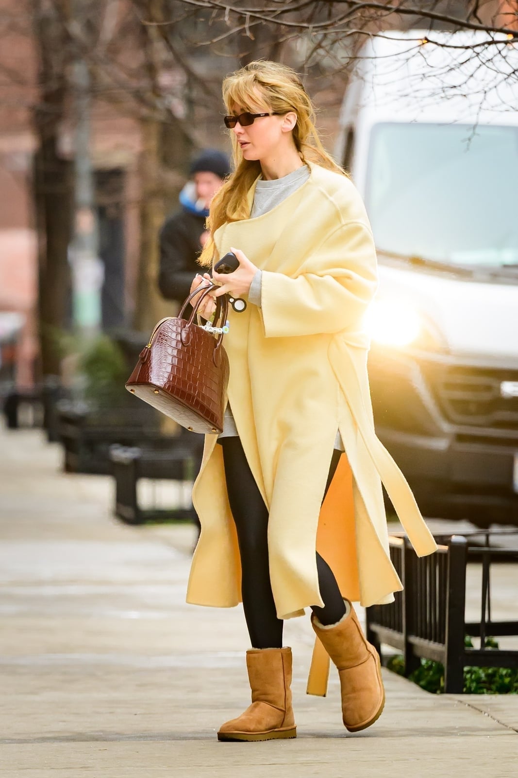 Longline Wool Coat and Leggings with Tan Uggs and A Grey T-Shirt — Trendy Uggs Outfits