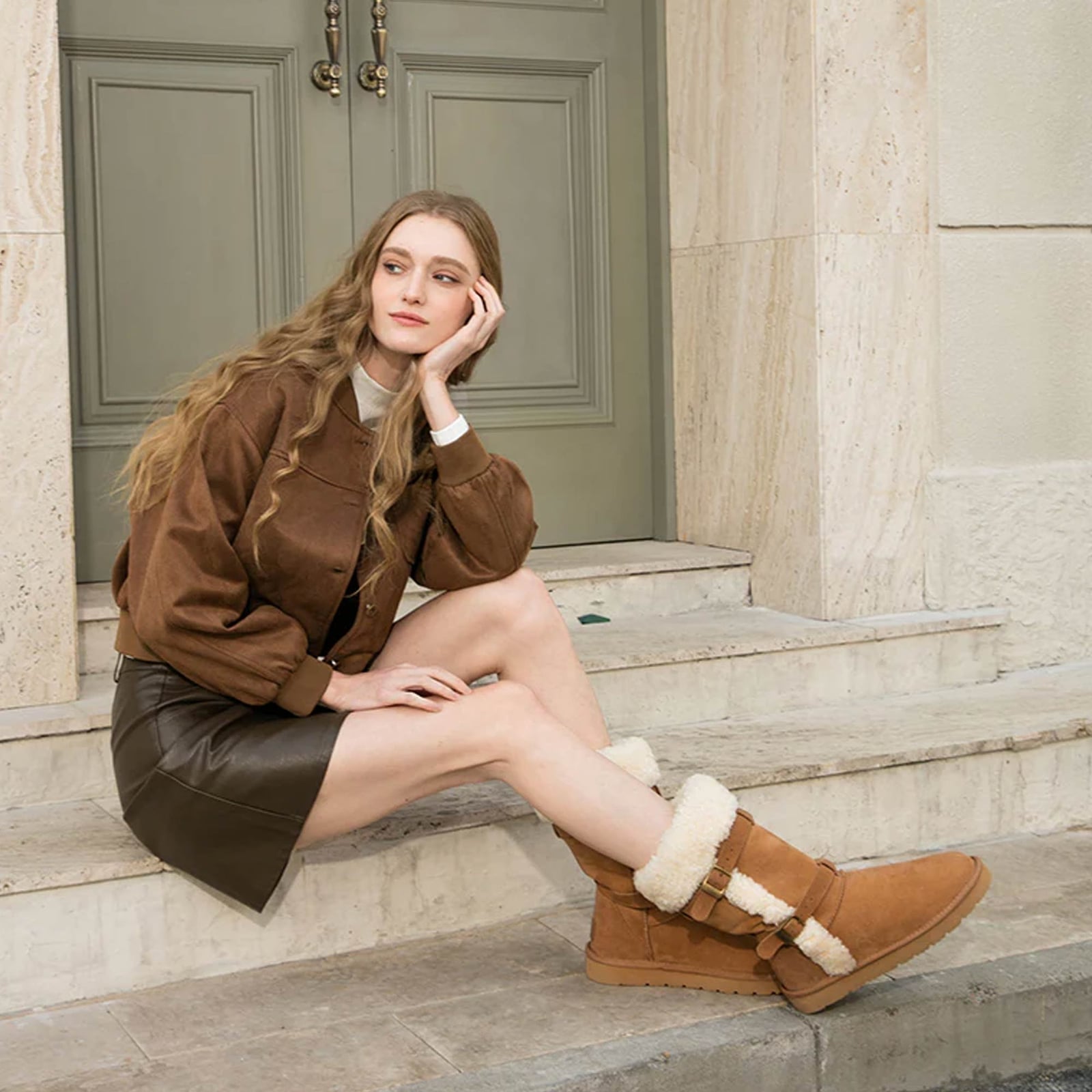 Bomber Jacket and Mini Skirt with Brown Uggs, Close-Up Take — Trendy Uggs Outfits