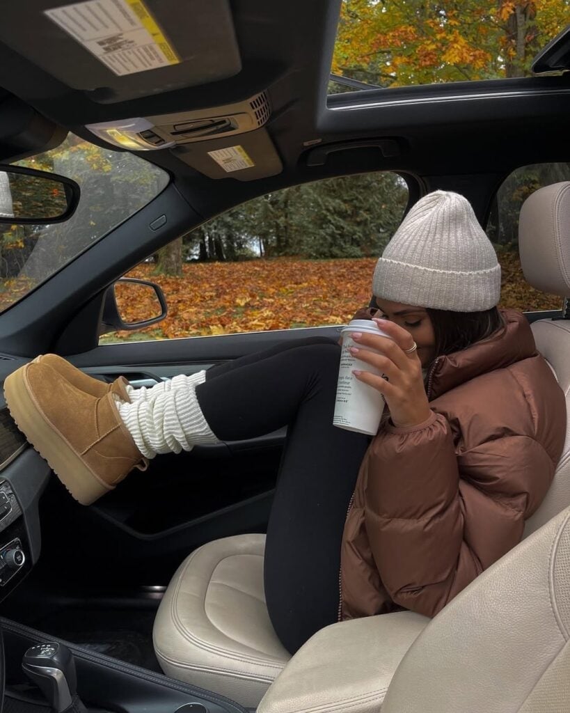 Puffer Jacket and Leggings with Tan Platform Uggs — Trendy Uggs Outfits