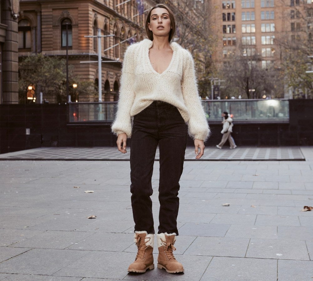 Chunky Knit Sweater and Jeans with Tan Lace-Up Boots — Trendy Uggs Outfits