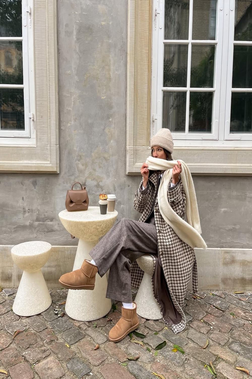 Houndstooth Coat and Wide-Leg Trousers with Tan Uggs, Close-Up Take — Trendy Uggs Outfits