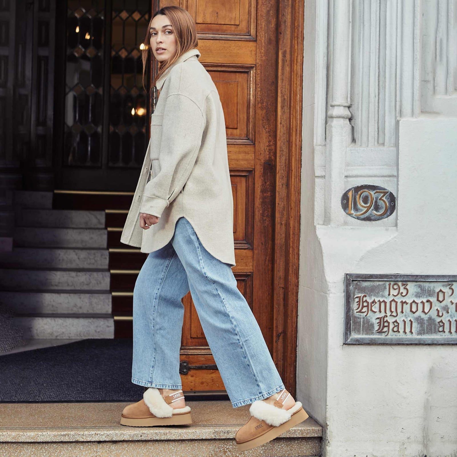 Oversized Shirt and Wide-Leg Jeans with Shearling, Everyday Version — Trendy Uggs Outfits
