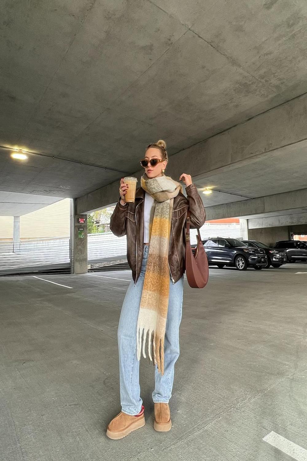 Leather Jacket and Wide-Leg Jeans with Striped, Office-Safe Version — Trendy Uggs Outfits