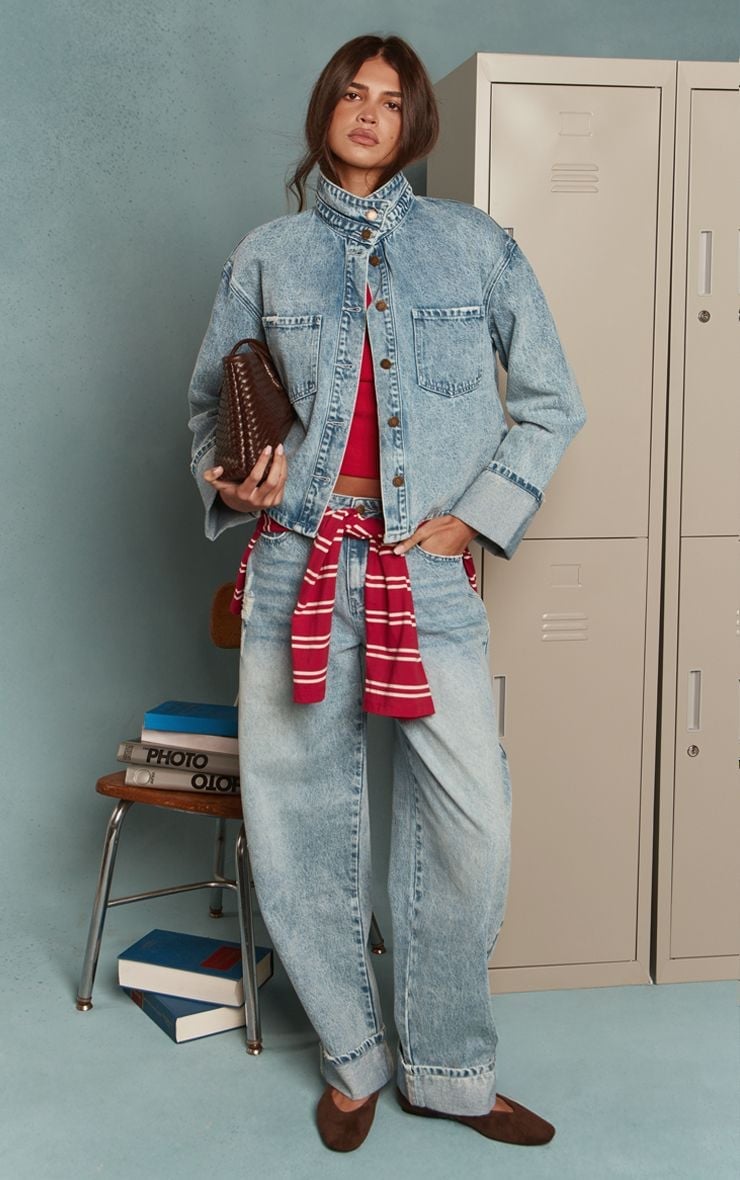 Acid Wash Denim Jacket with Wide Leg Jeans — Trendy Uni Outfits