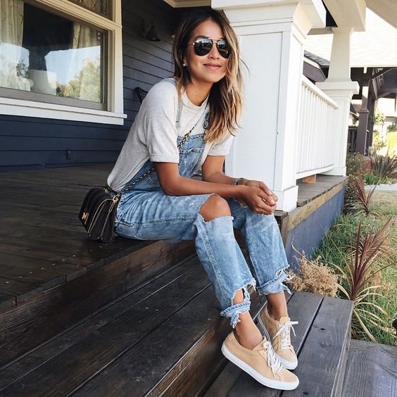 Denim Overalls with Grey T-Shirt — Trendy Uni Outfits