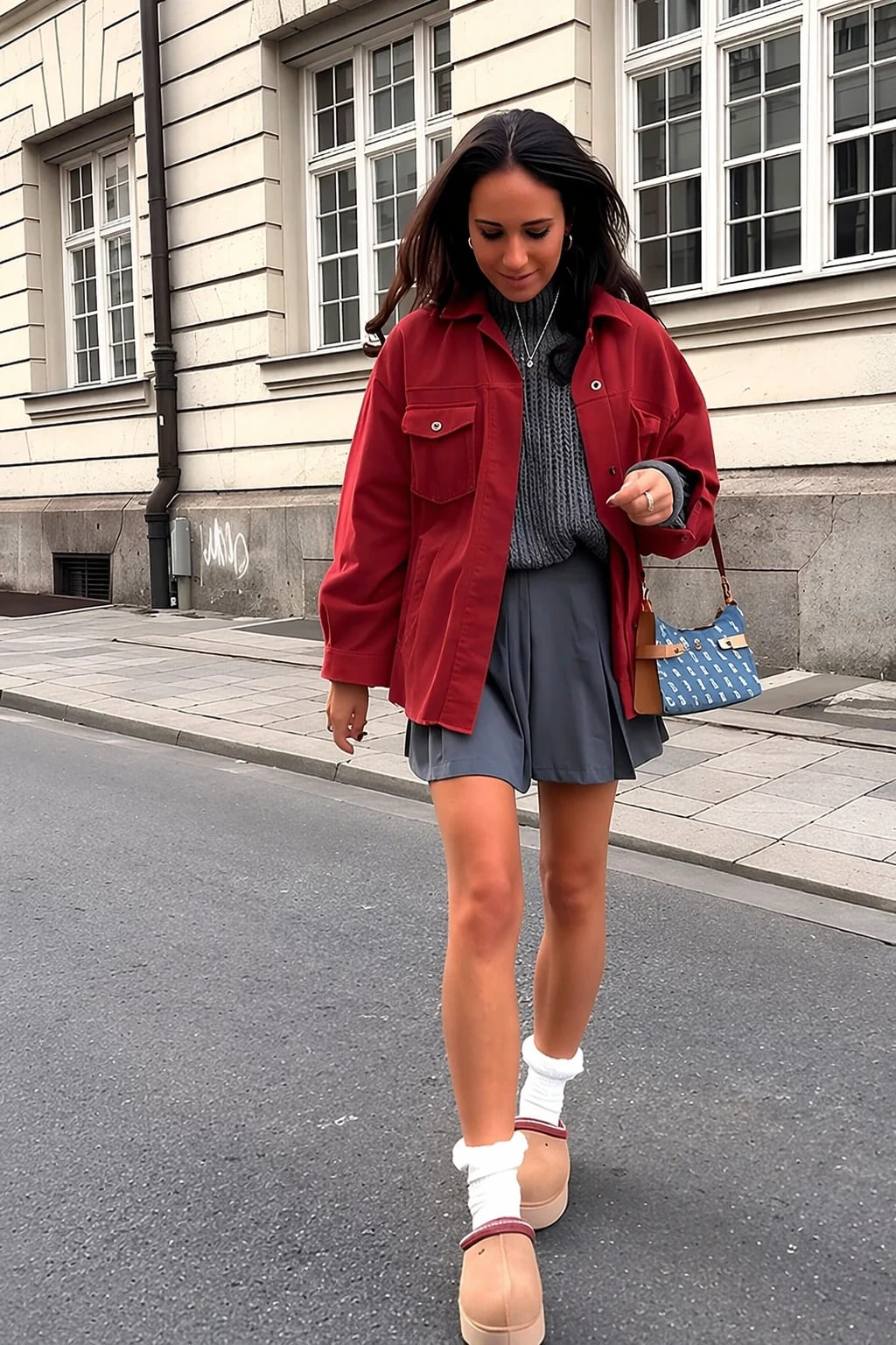 Red Corduroy Shirt Jacket with Pleated Mini Skirt — Trendy Uni Outfits