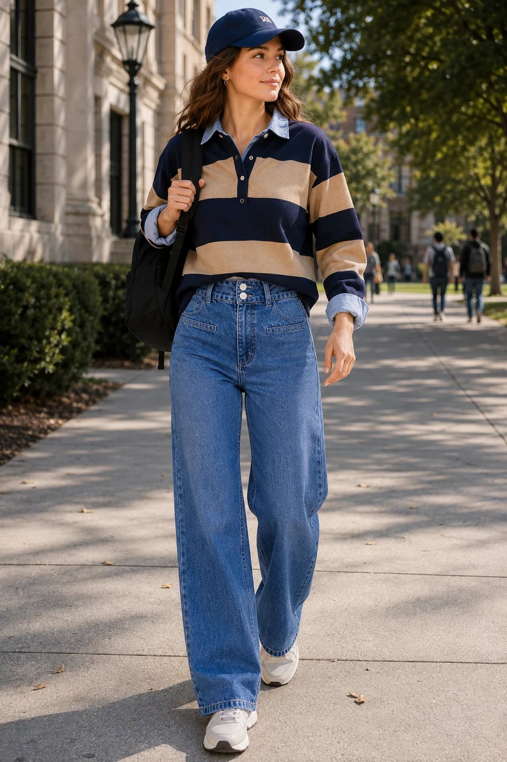 Striped Polo and Wide Leg Denim for a Casual Campus Vibe — Trendy Uni Outfits