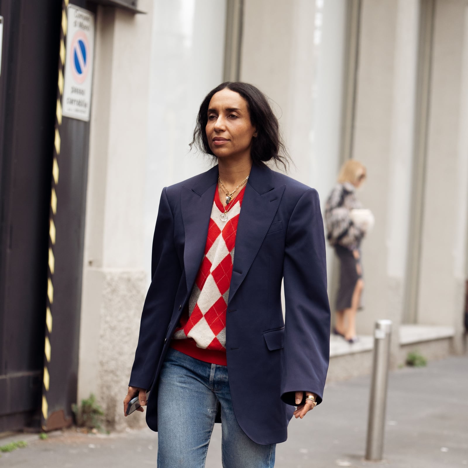 Oversized Navy Blazer with Argyle Sweater Vest — Trendy Uni Outfits