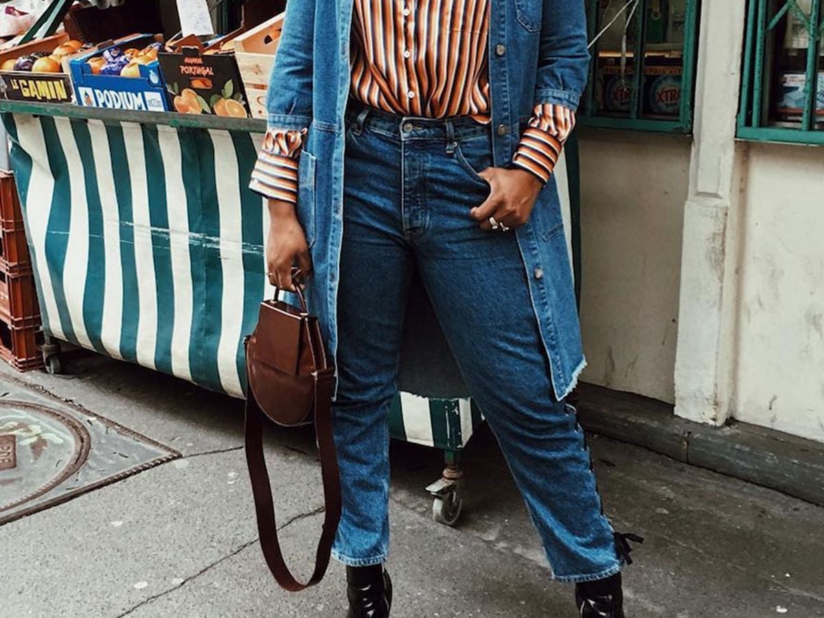 Denim Duster Coat with Striped Shirt and Jeans — Trendy Uni Outfits