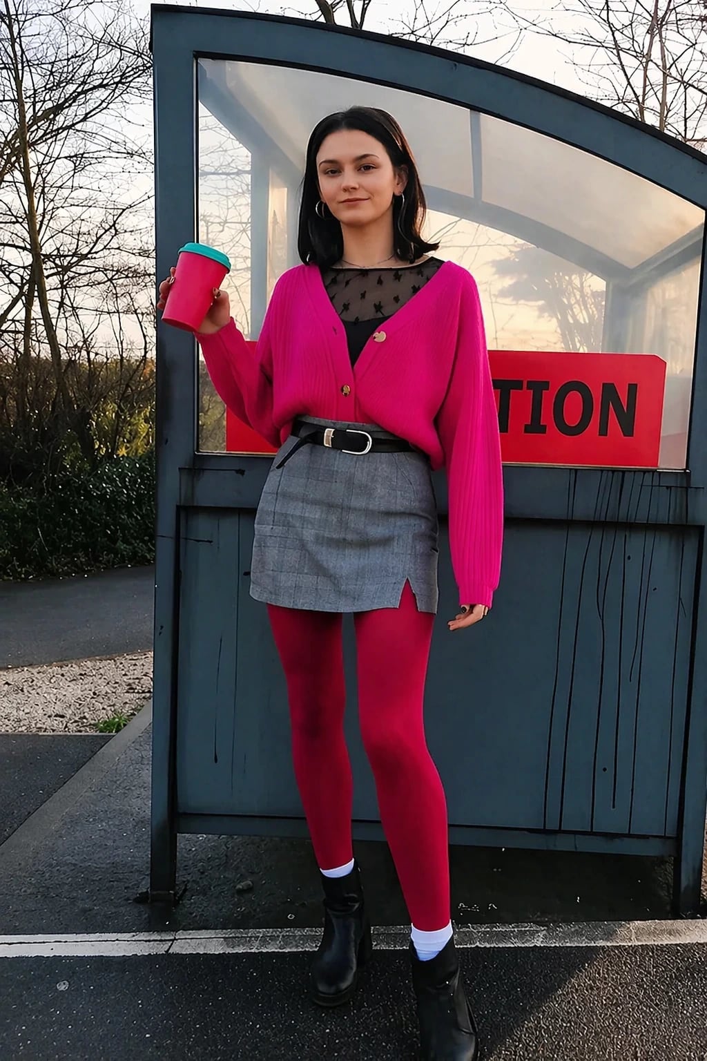 Pink Cardigan and Tights with Plaid Mini Skirt — Trendy Uni Outfits