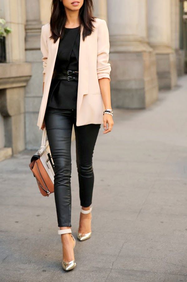 Beige Blazer with Leather Trousers and Gold Heels — Trendy Uni Outfits