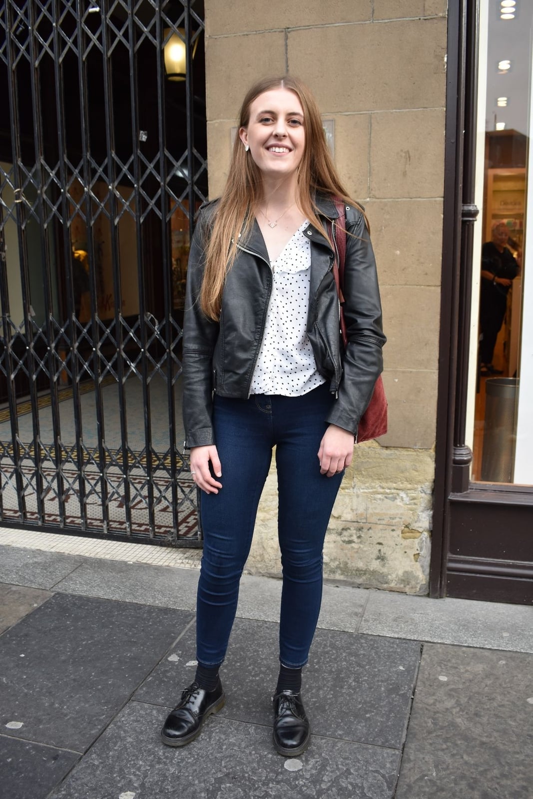 Leather Biker Jacket with Polka Dot Blouse — Trendy Uni Outfits