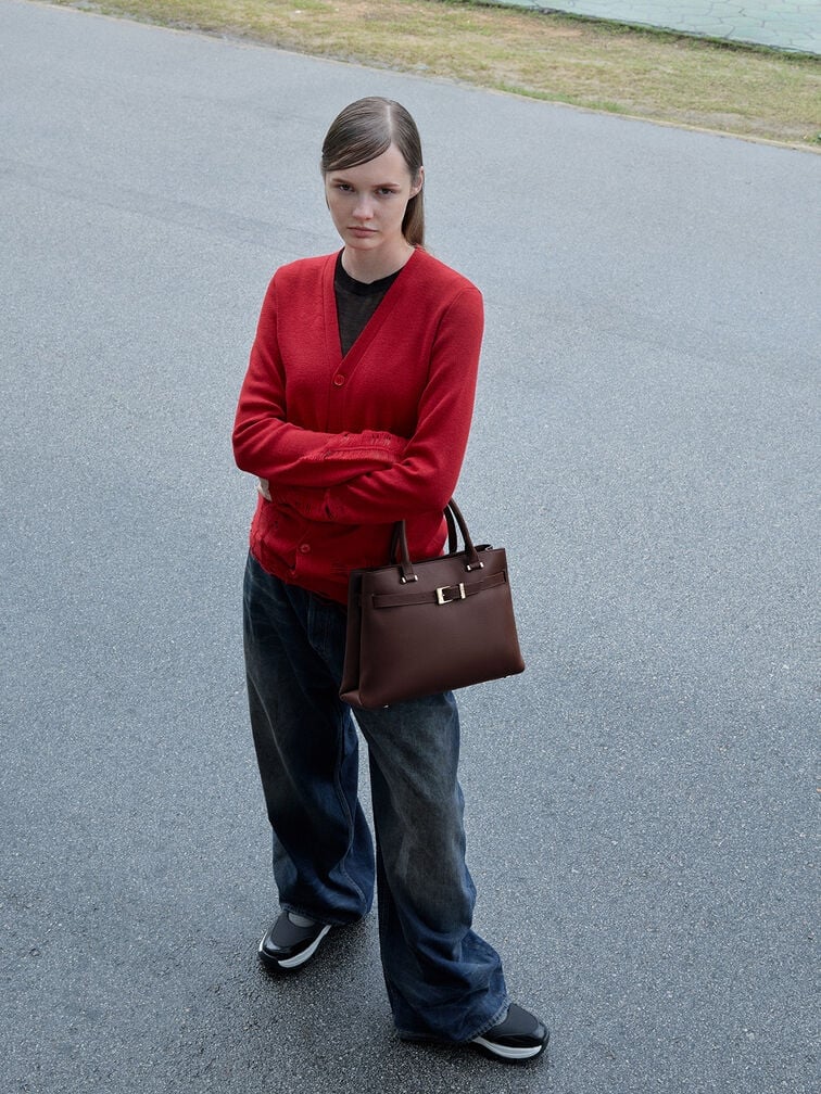 Red Cardigan with Wide Leg Jeans — Trendy Uni Outfits