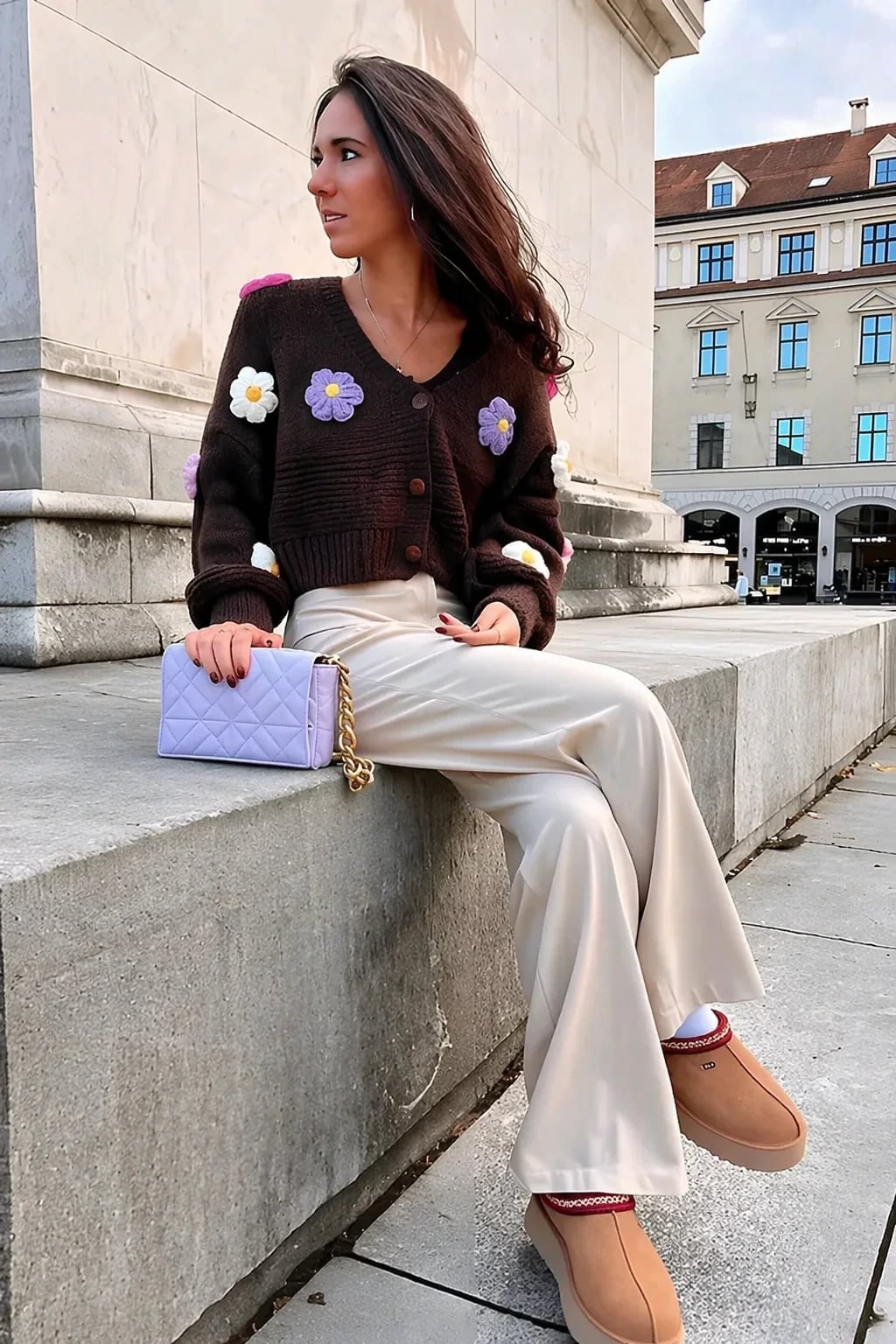 Cropped Floral Cardigan with Wide Leg Trousers — Trendy Uni Outfits