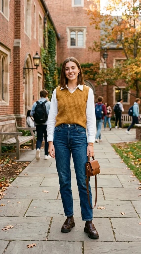 Sweater Vest and Straight Leg Jeans for a University Look — Trendy Uni Outfits