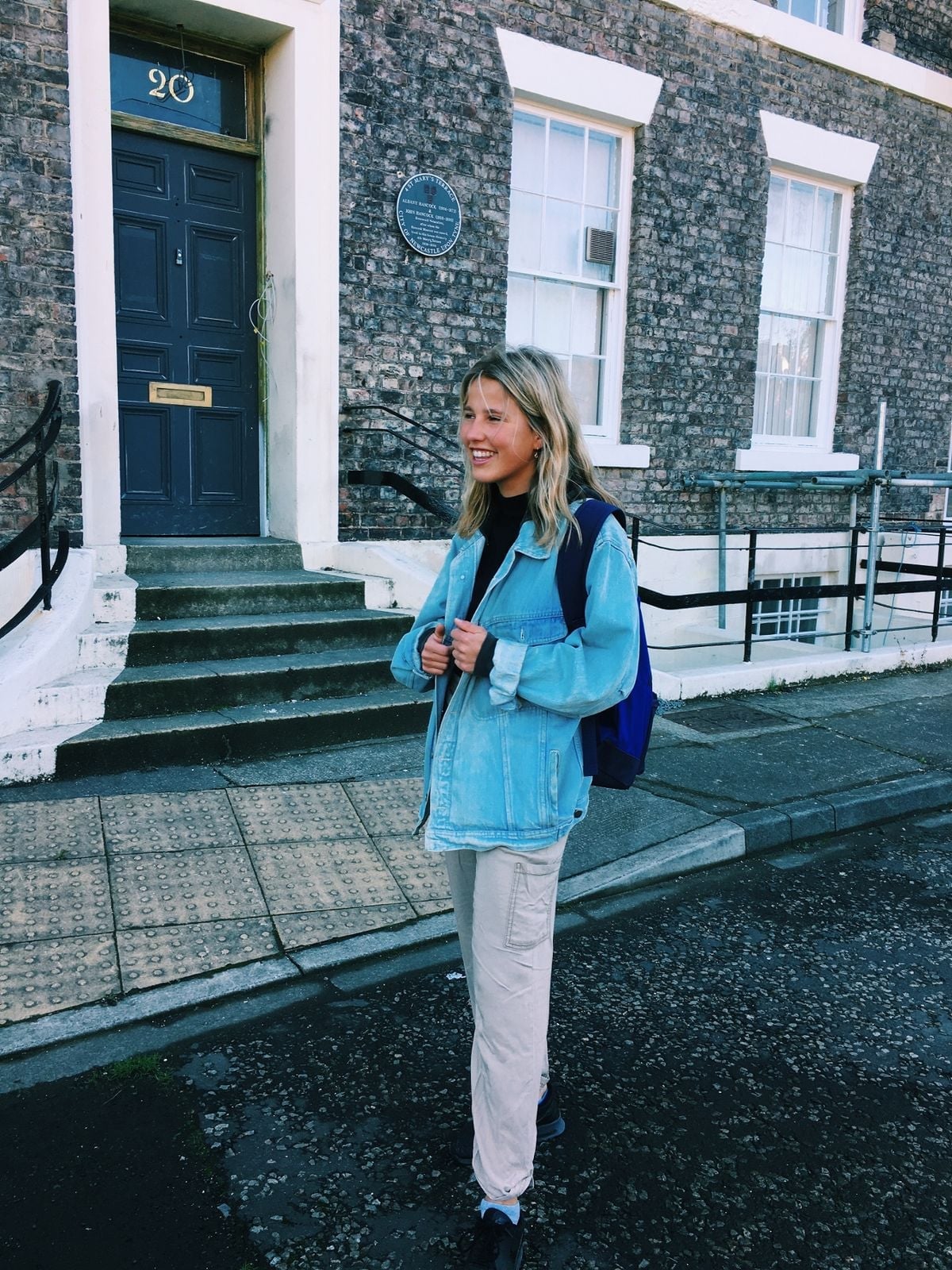 Light Blue Denim Jacket with Cargo Pants — Trendy Uni Outfits