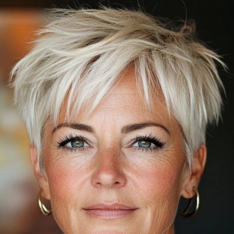 Spiky Platinum Pixie With Textured Bangs, Ear Spiky Platinum Pixie With Textured Bangs, Ear — Trendy Very Short Hair