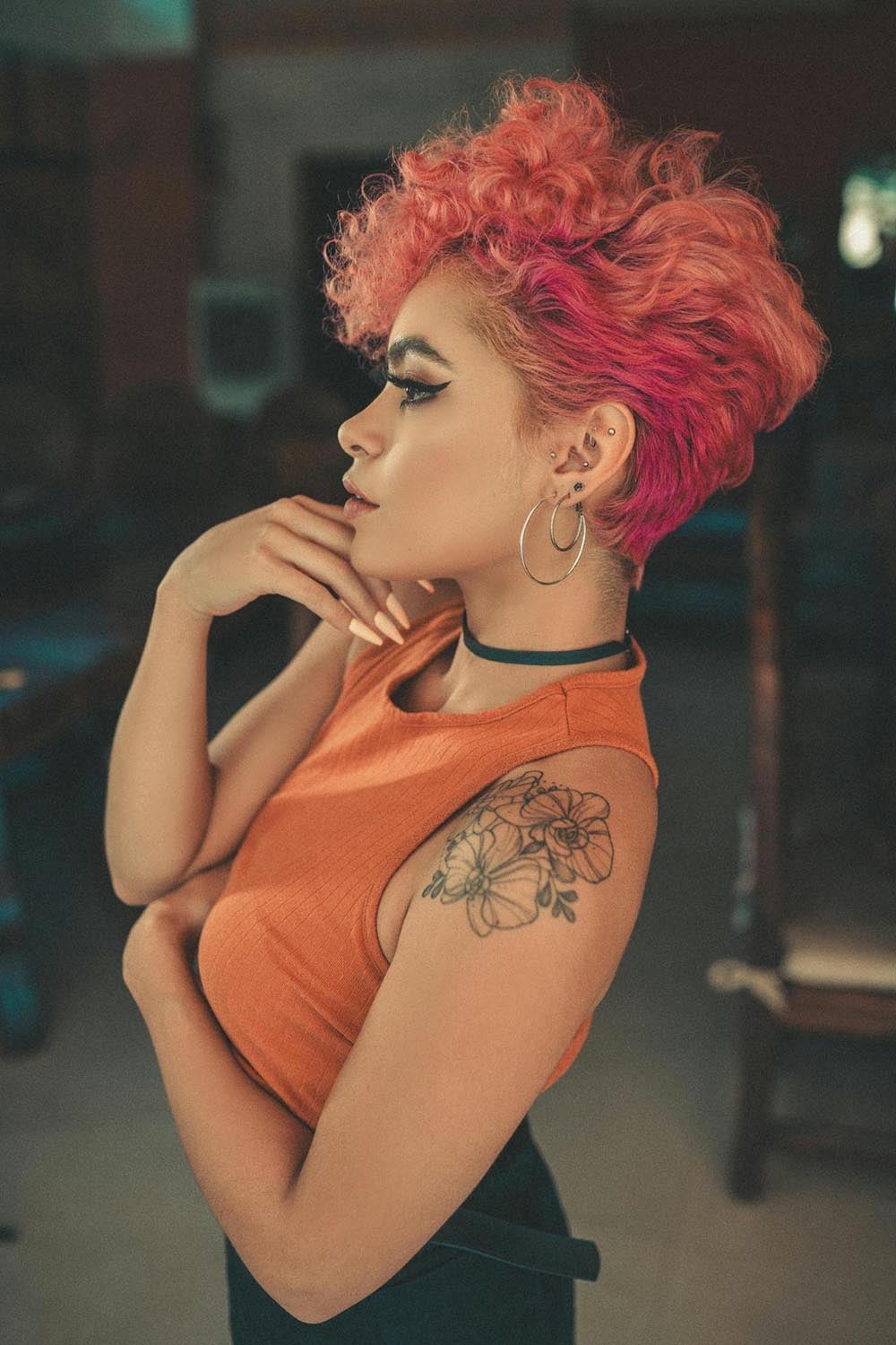 Vibrant Pink Curly Pixie Crop Vibrant Pink Curly Pixie Crop — Trendy Very Short Hair