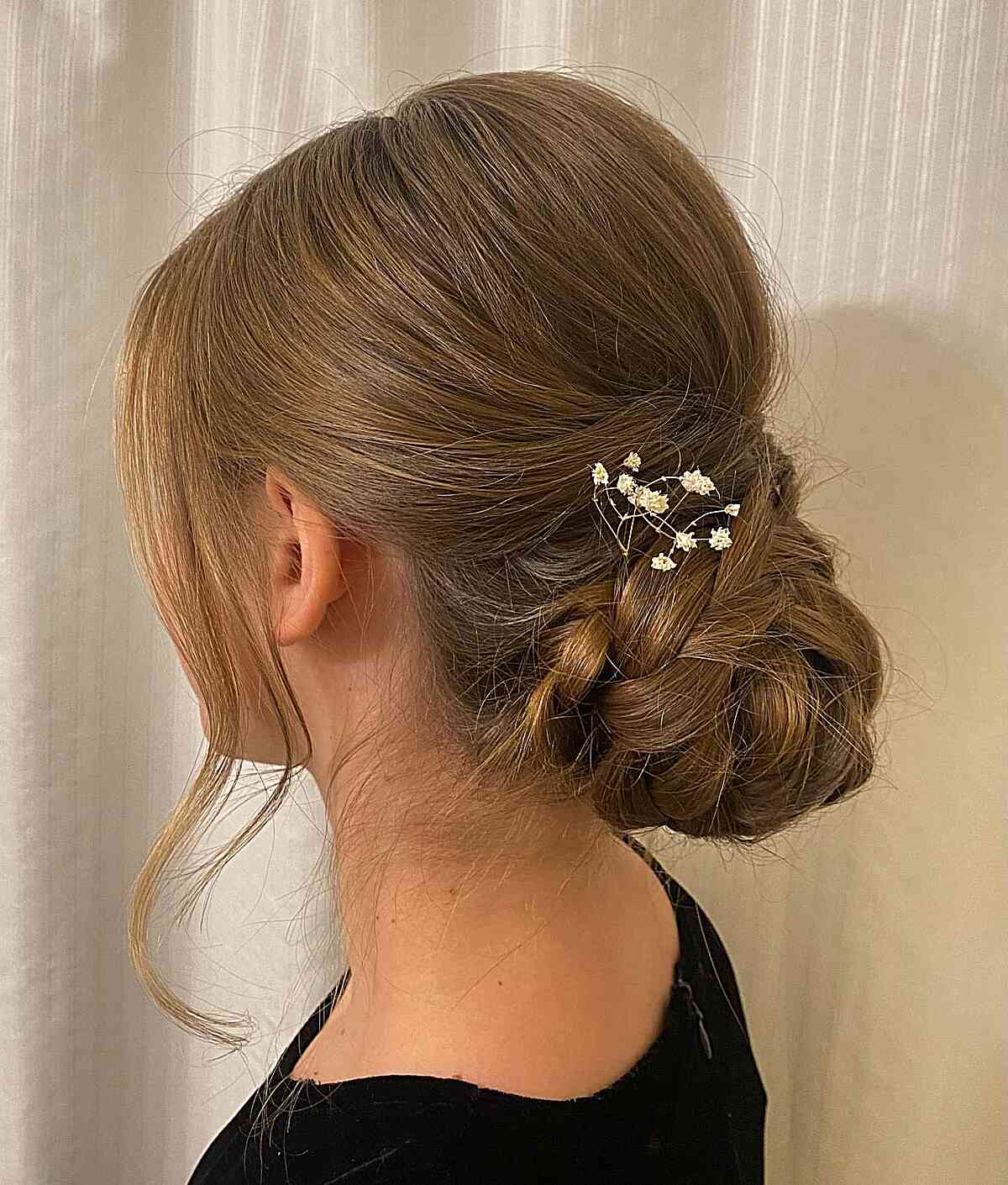 Braided Updo With Medium Brown Hair Braided Updo With Medium Brown Hair — Trendy Wedding Guest Updos