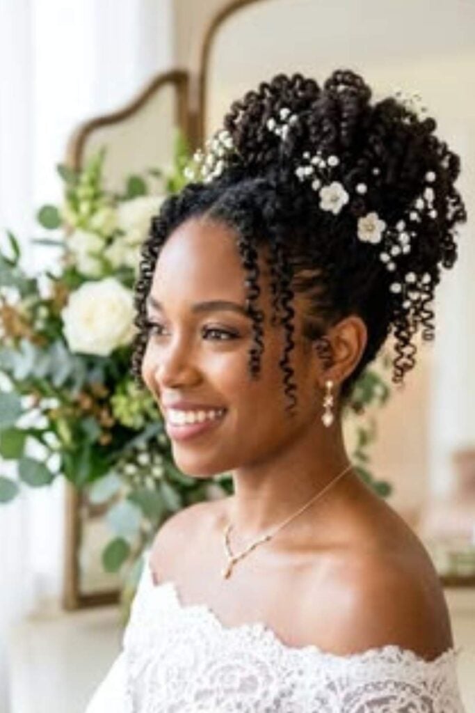 Coily Updo With Floral And Pearl Accents — Trendy Wedding Hair