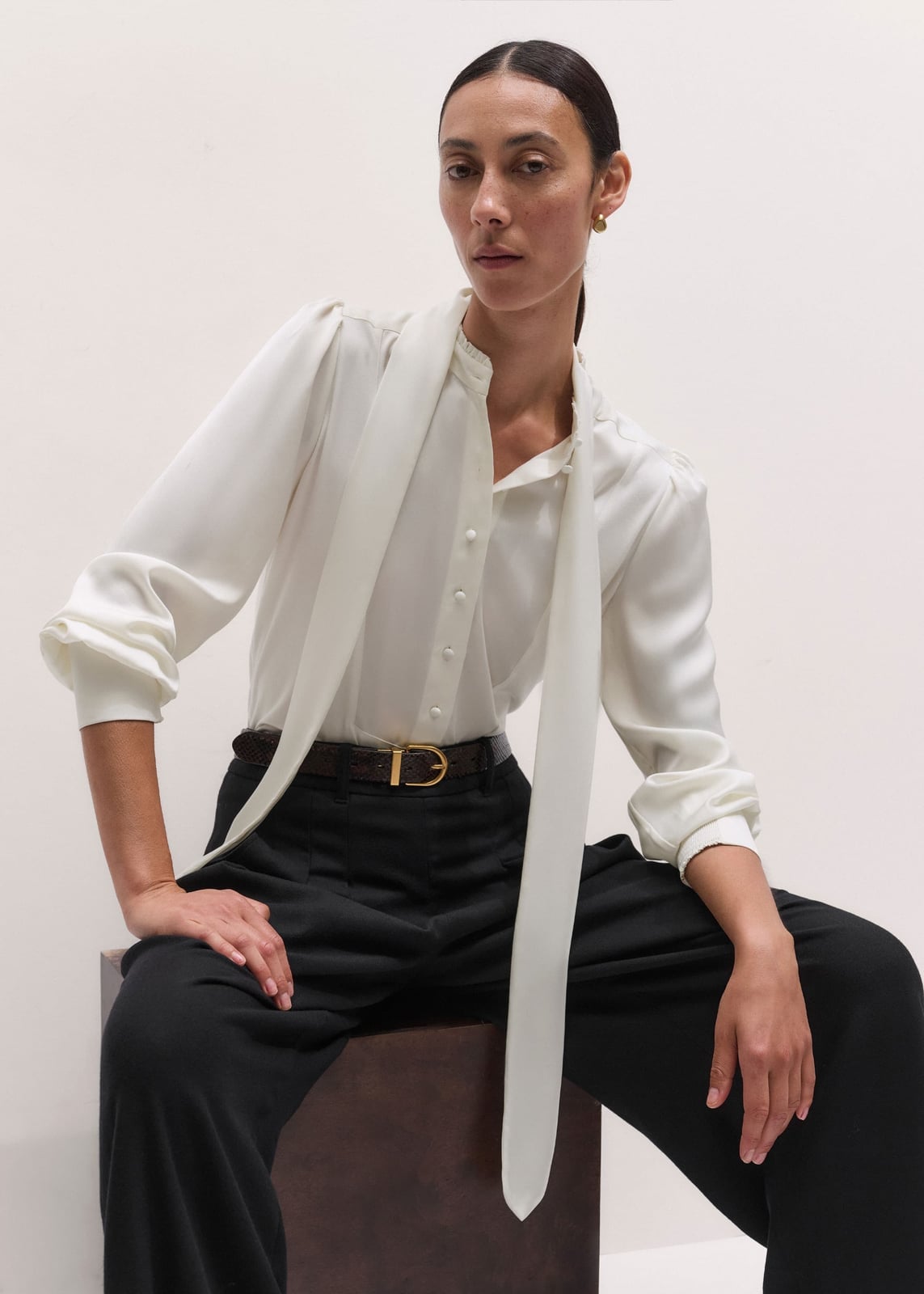 White Silk Pussy Bow Blouse With Wide Leg Trousers — Trendy White Shirt Outfits