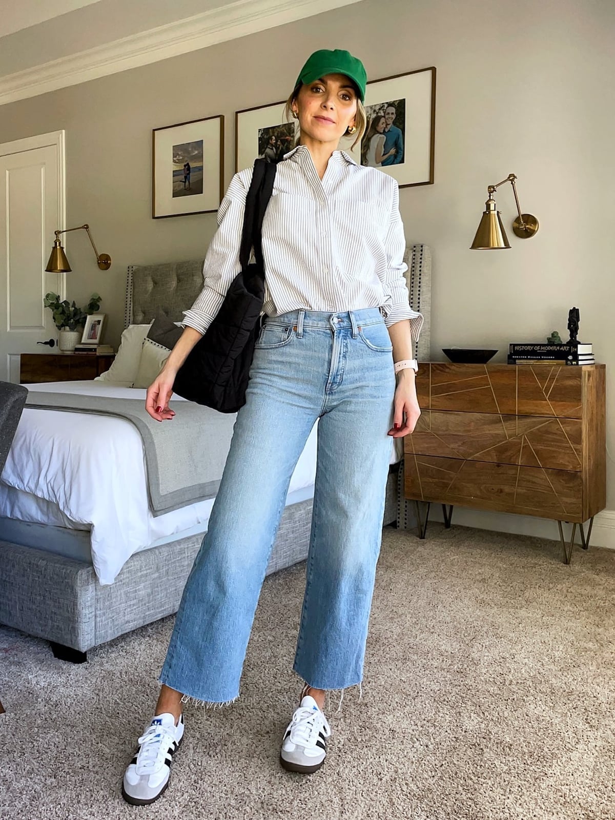 Striped Button Up Shirt With Light Blue Wide Leg Jeans — Trendy White Shirt Outfits