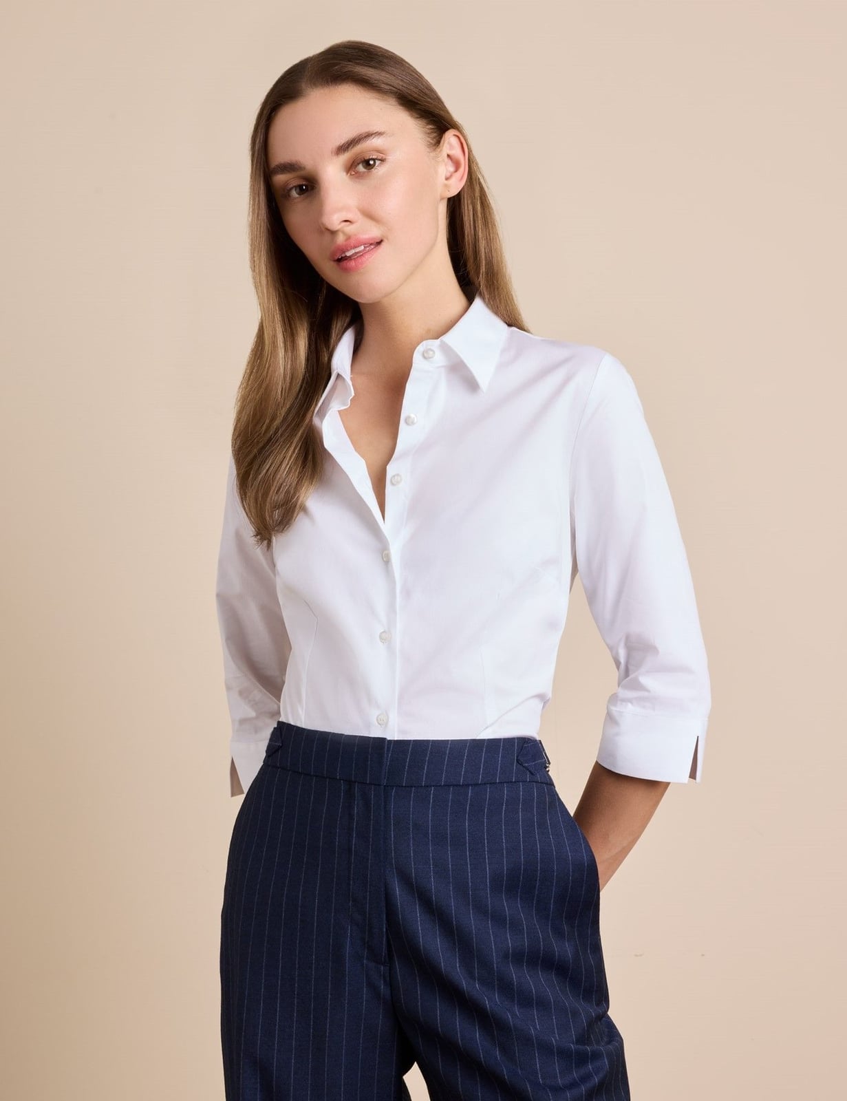 Fitted White Three Quarter Sleeve Shirt — Trendy White Shirt Outfits