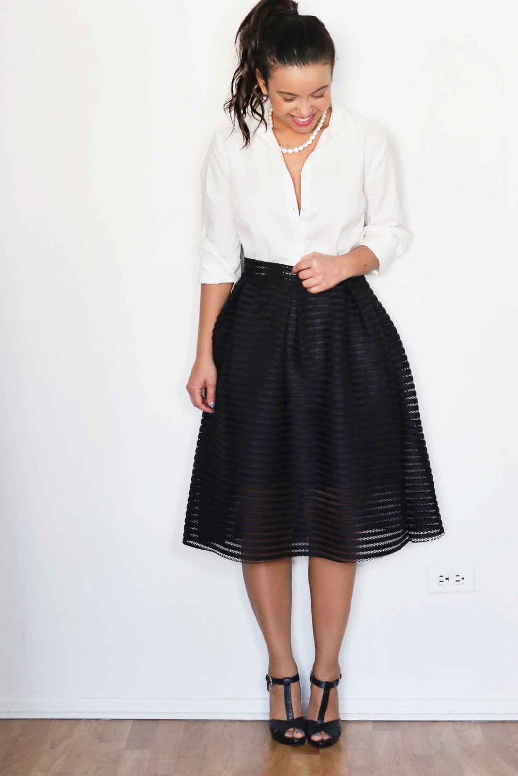 White Button Down Shirt With Black Sheer Striped Skirt — Trendy White Shirt Outfits