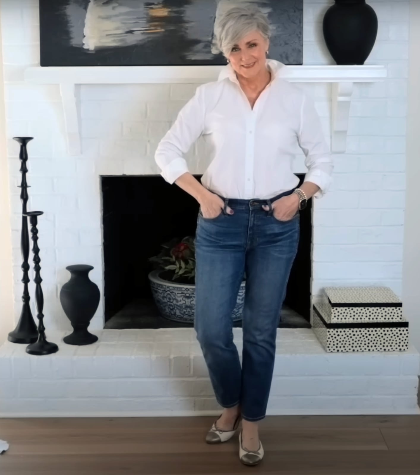 Crisp White Button Down Shirt With Blue Straight Leg Jeans — Trendy White Shirt Outfits