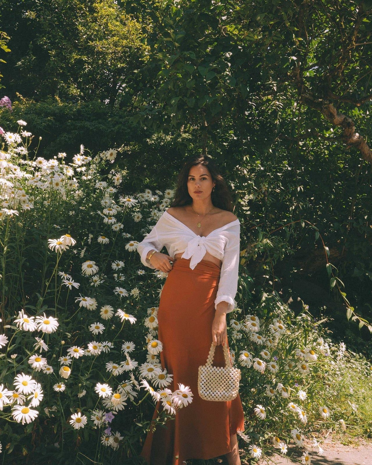 Off The Shoulder White Linen Shirt With Rust Maxi Skirt — Trendy White Shirt Outfits