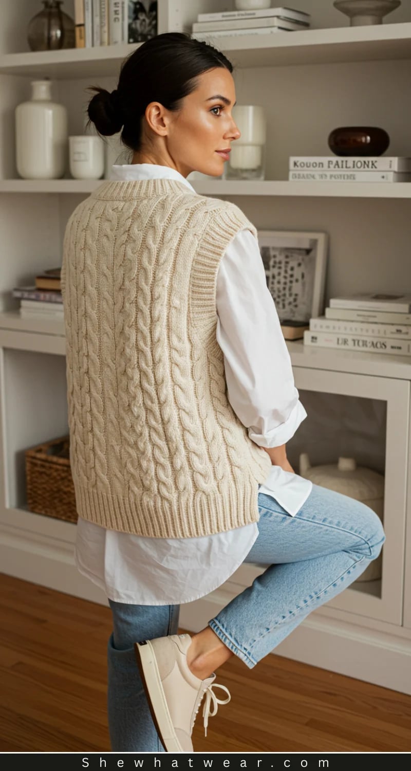 Cream Cable Knit Vest Over White Collared Shirt, Close-Up Take — Trendy White Sweater Outfit