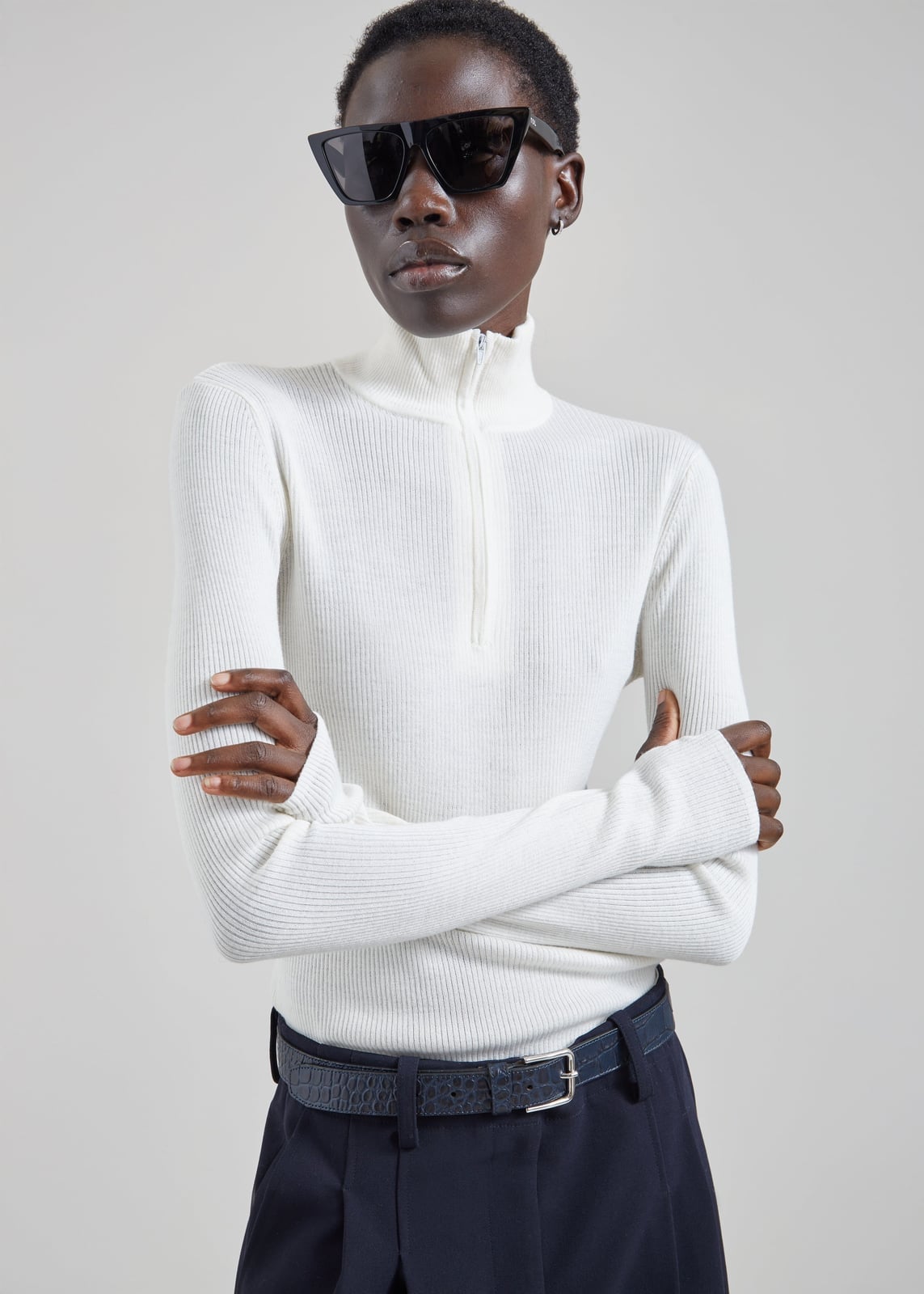 White Ribbed Knit Zip Neck Sweater — Trendy White Sweater Outfit